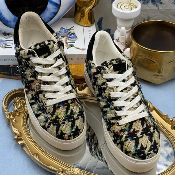 🆕 KURT GEIGER LONDON 🧿 NWOB Laney Eye Gold Rainbow Tweed Sneaker, Sz 37 US 7 - Picture 4 of 14
